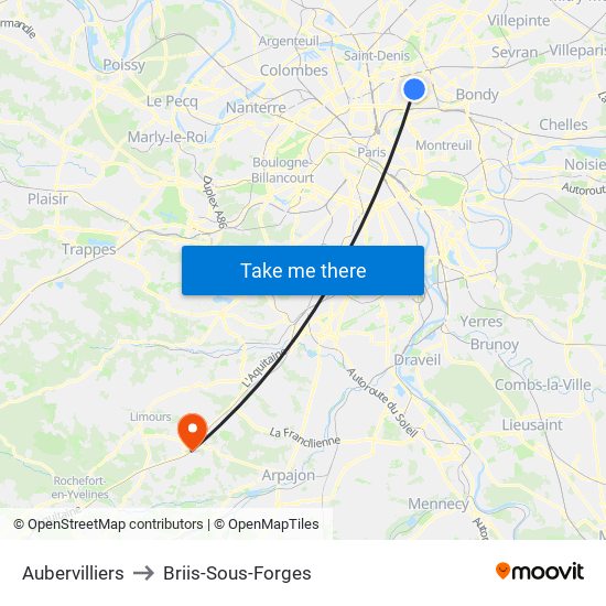 Aubervilliers to Briis-Sous-Forges map