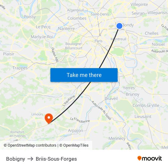 Bobigny to Briis-Sous-Forges map