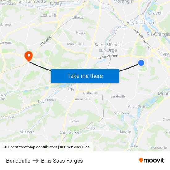 Bondoufle to Briis-Sous-Forges map