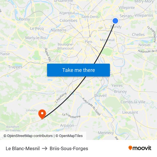 Le Blanc-Mesnil to Briis-Sous-Forges map