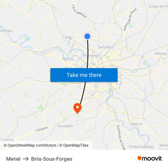 Meriel to Briis-Sous-Forges map