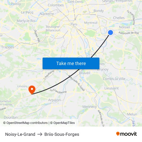 Noisy-Le-Grand to Briis-Sous-Forges map