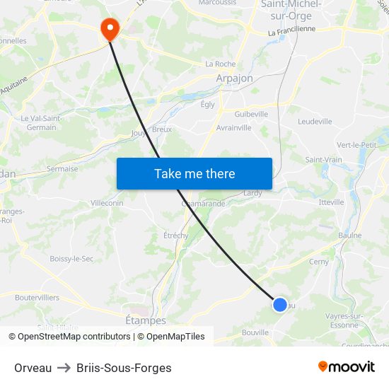 Orveau to Briis-Sous-Forges map