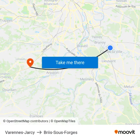 Varennes-Jarcy to Briis-Sous-Forges map