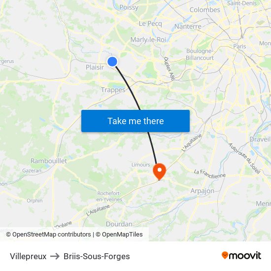 Villepreux to Briis-Sous-Forges map
