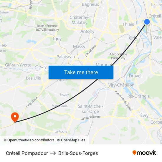 Créteil Pompadour to Briis-Sous-Forges map