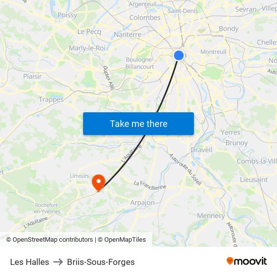 Les Halles to Briis-Sous-Forges map