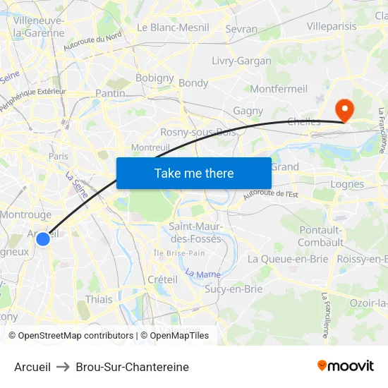 Arcueil to Brou-Sur-Chantereine map
