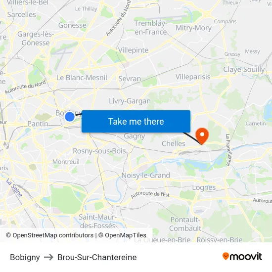 Bobigny to Brou-Sur-Chantereine map
