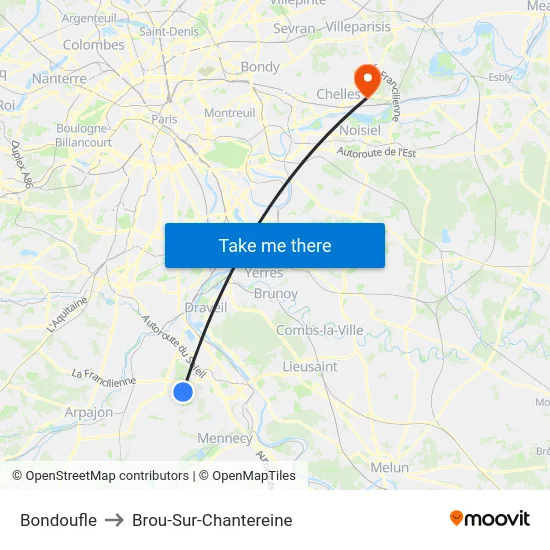 Bondoufle to Brou-Sur-Chantereine map