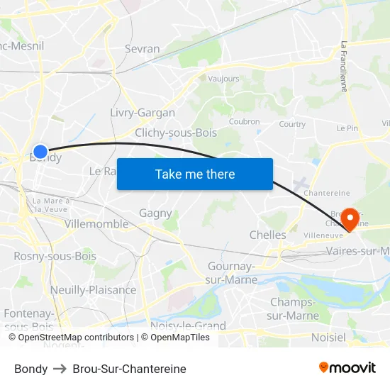 Bondy to Brou-Sur-Chantereine map