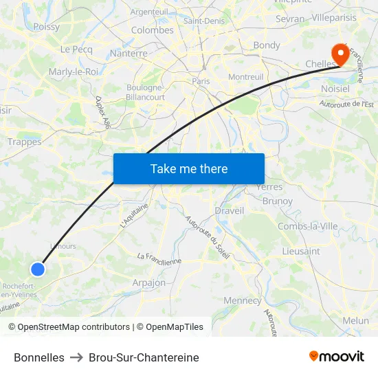 Bonnelles to Brou-Sur-Chantereine map