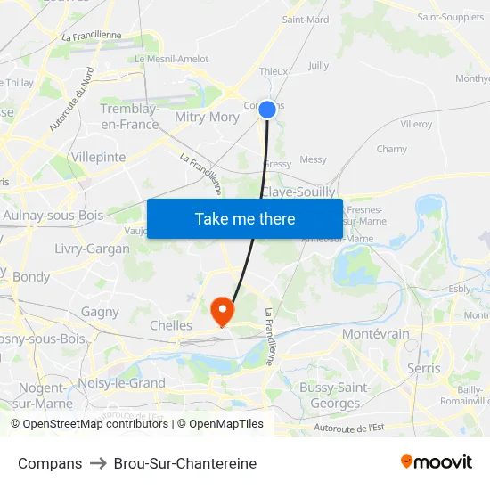 Compans to Brou-Sur-Chantereine map