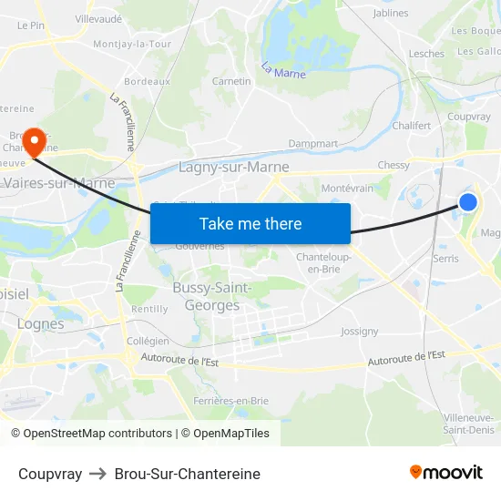 Coupvray to Brou-Sur-Chantereine map