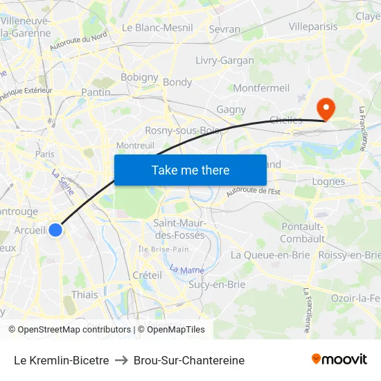 Le Kremlin-Bicetre to Brou-Sur-Chantereine map
