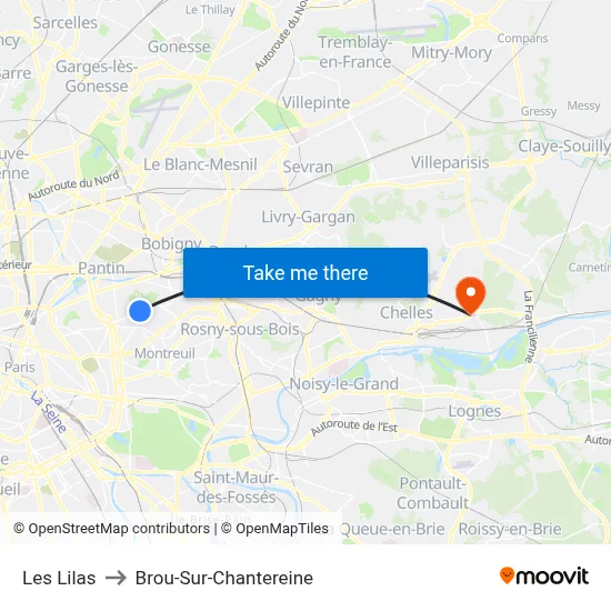 Les Lilas to Brou-Sur-Chantereine map