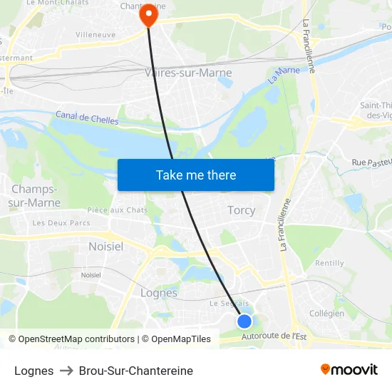 Lognes to Brou-Sur-Chantereine map
