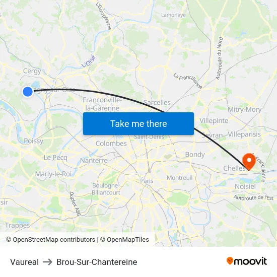 Vaureal to Brou-Sur-Chantereine map