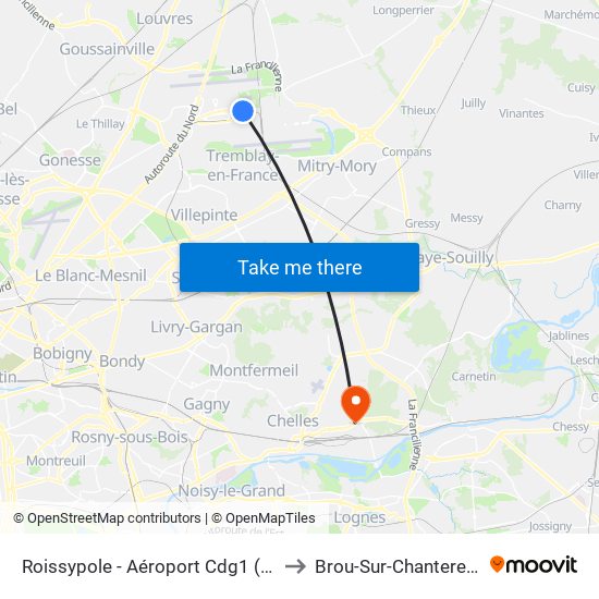 Roissypole - Aéroport Cdg1 (D3) to Brou-Sur-Chantereine map