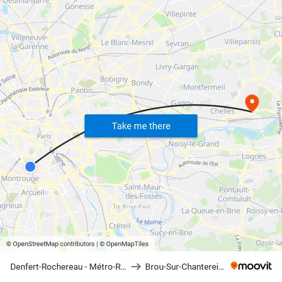 Denfert-Rochereau - Métro-Rer to Brou-Sur-Chantereine map