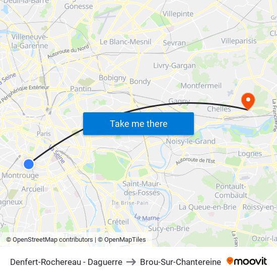 Denfert-Rochereau - Daguerre to Brou-Sur-Chantereine map