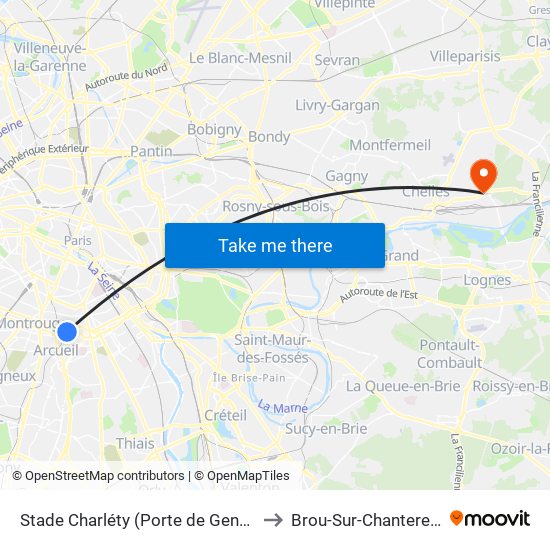 Stade Charléty (Porte de Gentilly) to Brou-Sur-Chantereine map