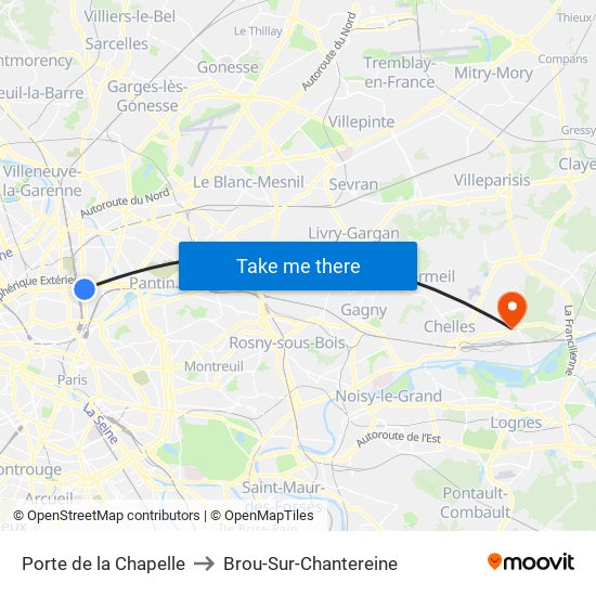 Porte de la Chapelle to Brou-Sur-Chantereine map
