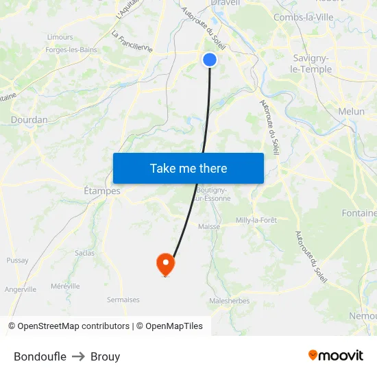 Bondoufle to Brouy map