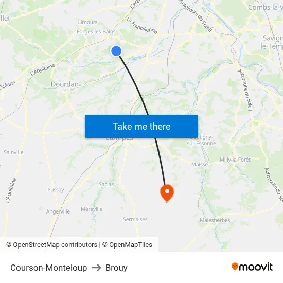 Courson-Monteloup to Brouy map