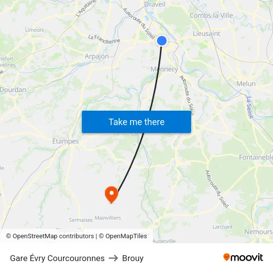 Gare Évry Courcouronnes to Brouy map