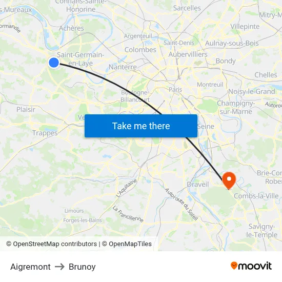 Aigremont to Brunoy map