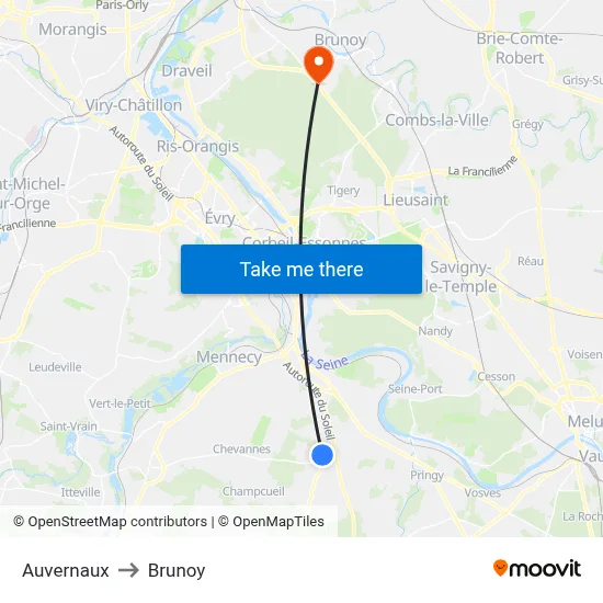 Auvernaux to Brunoy map