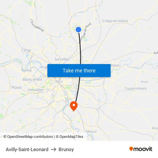 Avilly-Saint-Leonard to Brunoy map