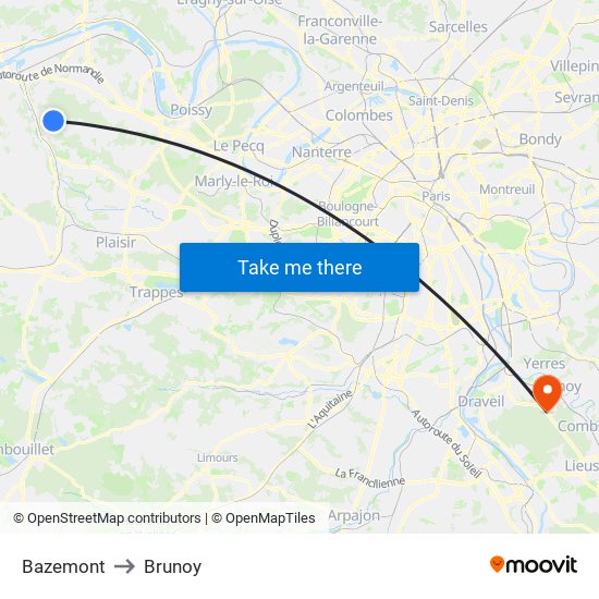 Bazemont to Brunoy map