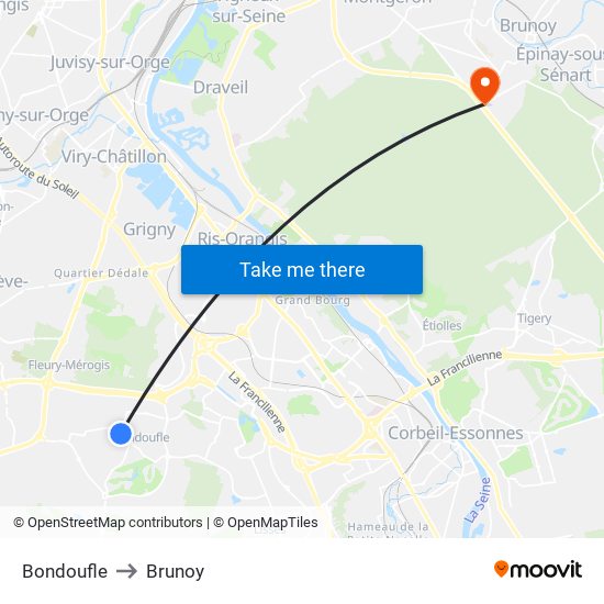 Bondoufle to Brunoy map