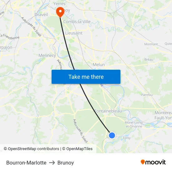 Bourron-Marlotte to Brunoy map