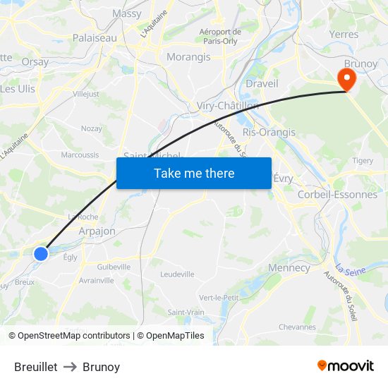 Breuillet to Brunoy map