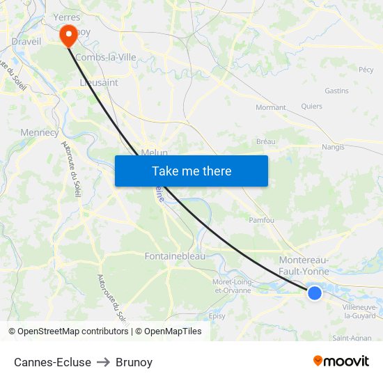 Cannes-Ecluse to Brunoy map