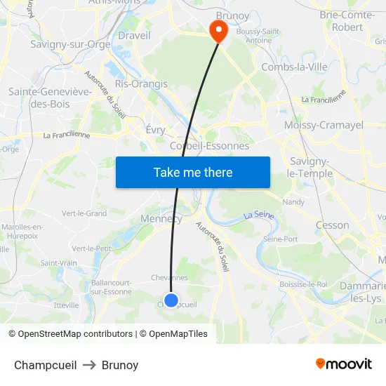 Champcueil to Brunoy map