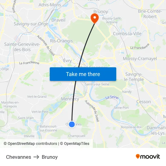 Chevannes to Brunoy map