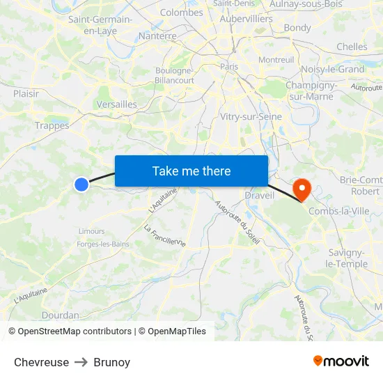 Chevreuse to Brunoy map