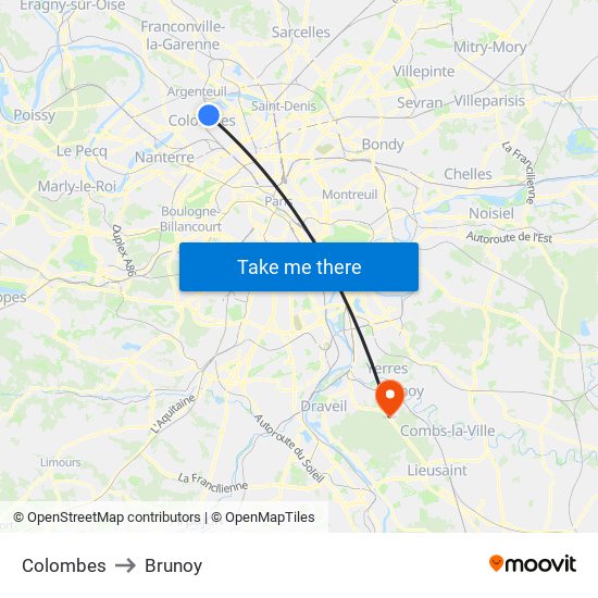Colombes to Brunoy map