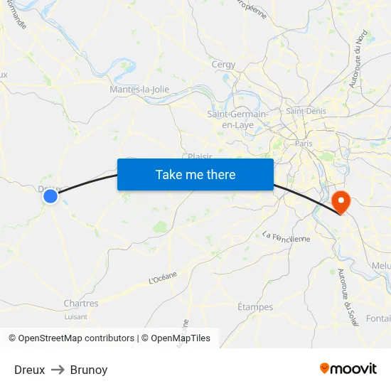Dreux to Brunoy map