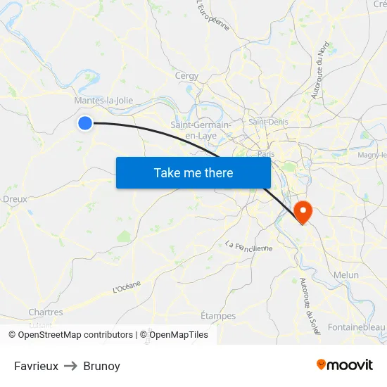 Favrieux to Brunoy map