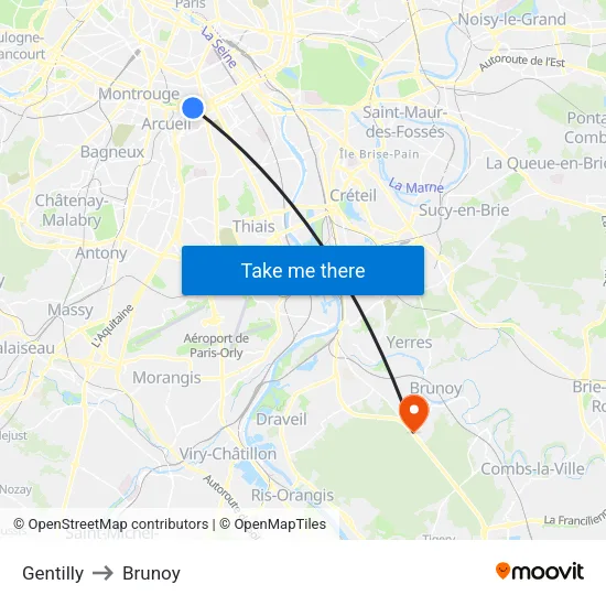 Gentilly to Brunoy map