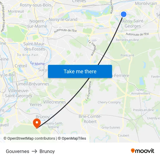Gouvernes to Brunoy map