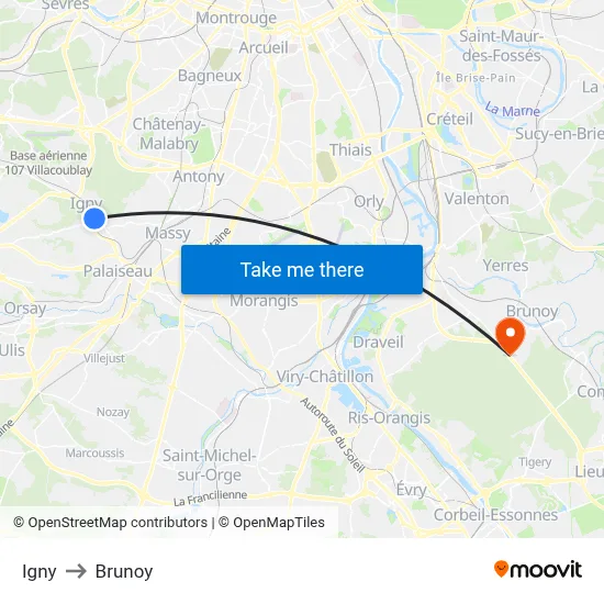Igny to Brunoy map