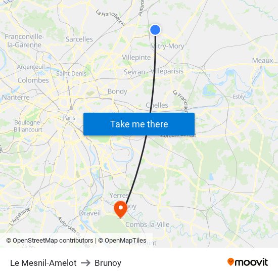 Le Mesnil-Amelot to Brunoy map