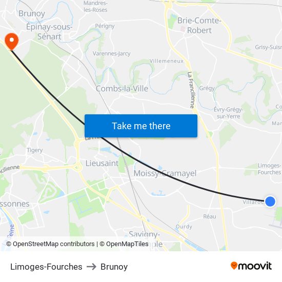 Limoges-Fourches to Brunoy map