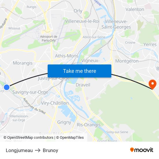 Longjumeau to Brunoy map